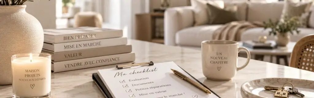 Salon lumineux avec checklist, clés et éléments immobiliers pour préparer une maison avant sa mise en vente