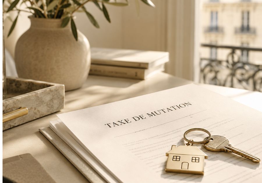 Document de taxe de mutation avec clés de maison pour estimer les droits de mutation immobilière