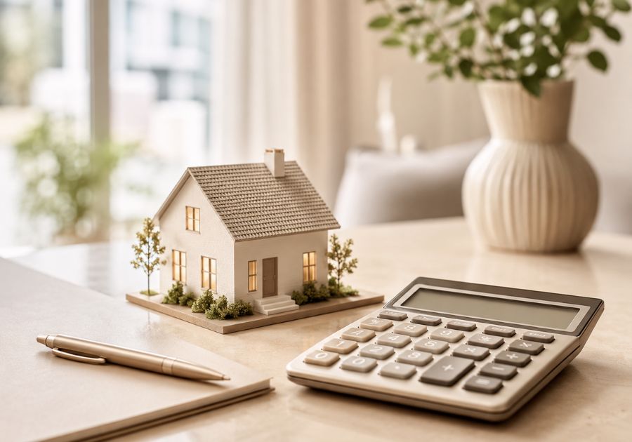 Maison miniature et calculatrice pour estimer les versements d’un prêt hypothécaire